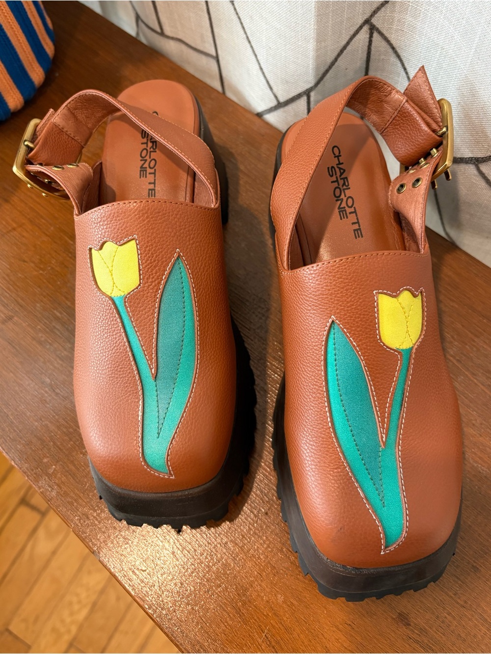Charlotte Stone Brown Leather Mules with Yellow & Teal Floral Inlay